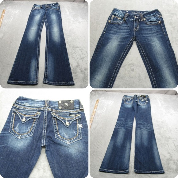 Miss Me Jeans Womens 27 Boot Cut Mid Rise Dark Whiskered Denim Embellished 27x33 - Picture 1 of 14